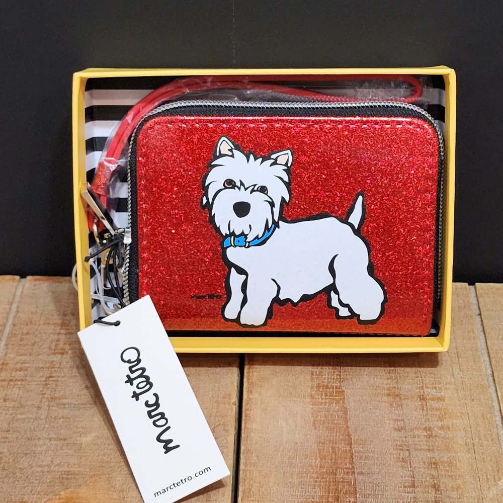 Marc Tetro westie red glitter zip around small wristlet wallet new with tag /box